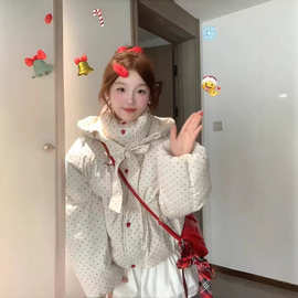 韩版甜美减龄波点蝴蝶结系带连帽棉服冬季新款加厚保暖棉衣面包服