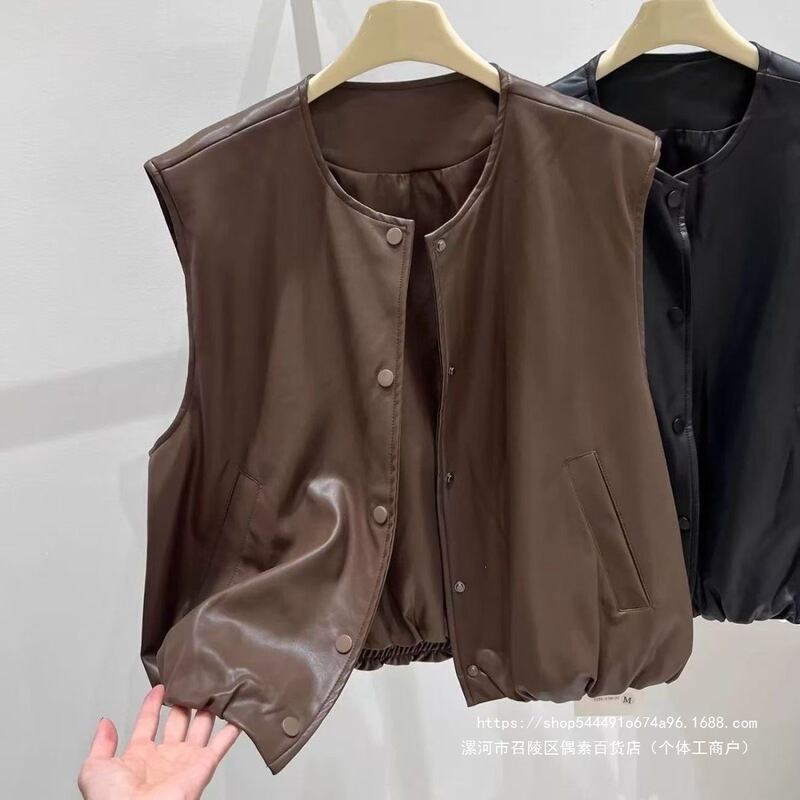 Retro leather vest for women, suitable for spring and autumn, versatile for layering, short sleeveless jacket Retro leather vest for women, suitable for spring and autumn, versatile for layering, short sleeveless jacket