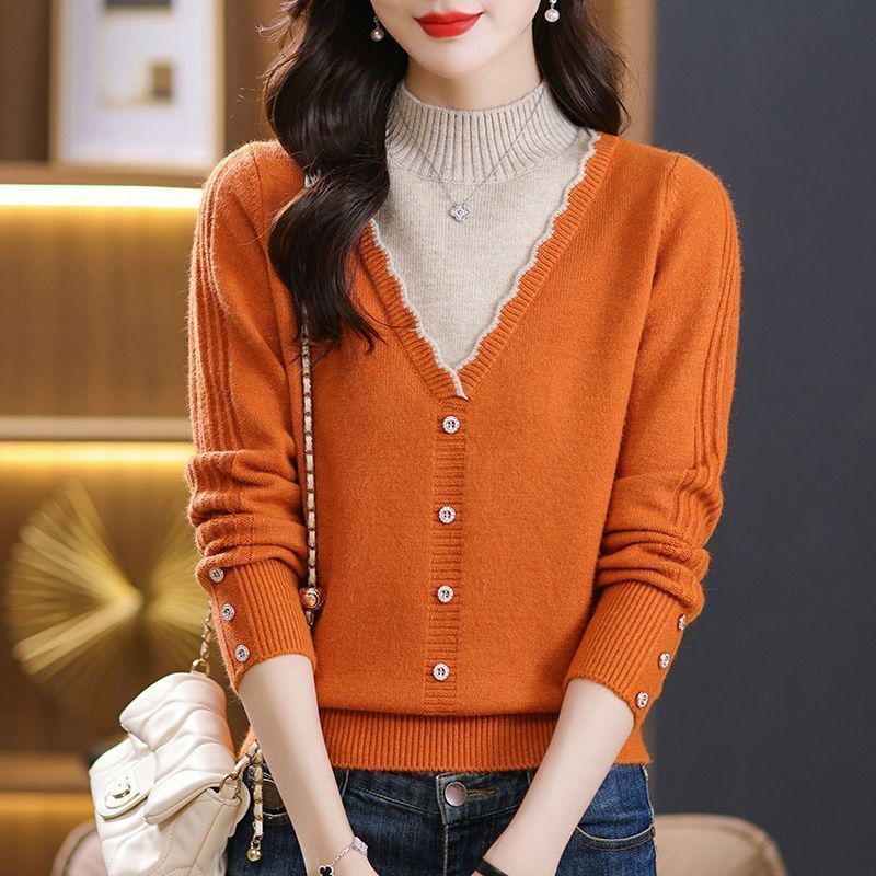 Half turtle neck fake two-piece sweater for women 2025 spring and autumn short loose knitted top with warm bottoming shirt inside and outside