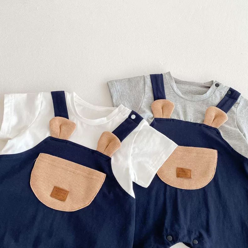 ベビー男の子ジャンプスーツ、クマフェイクツーピース半袖夏ロンパース、ベビーお出かけ服、ポケット、おしゃれなお尻カバー|undefined