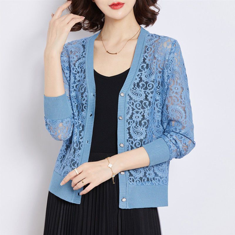 Women's Summer Knitted Cardigan Thin Hollow-out Sunscreen Lace Short Coat Western Style Top