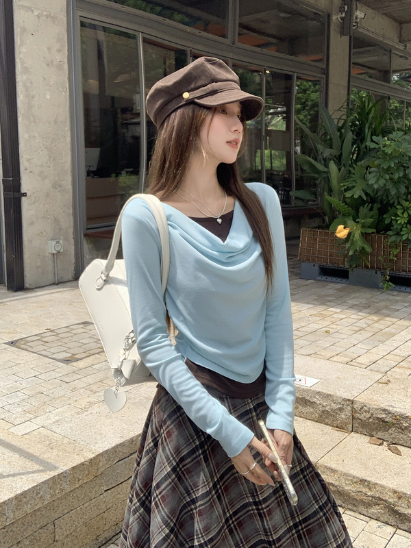 荡领撞色拼接假两件长袖T恤女早秋穿搭内搭打底抽褶修身显瘦上衣|undefined