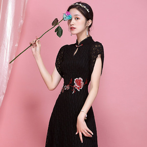 Embroidered irregular lace cheongsam improved dress