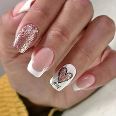Mid-long European-style white French manicure with sparkling heart artificial nails, sweet and cute for girls only.