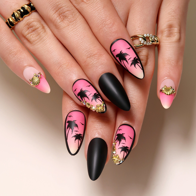 Wearable nail stickers frosted pink gradient black coconut seagull golden three-dimensional shell nail art piece finished product Wearable nail stickers frosted pink gradient black coconut seagull golden three-dimensional shell nail art piece finished product
