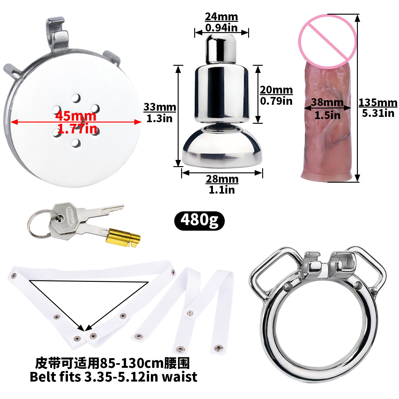 [3176a] k-03 40mm ring + urine support base + m size penis + pu-5 white elastic belt
