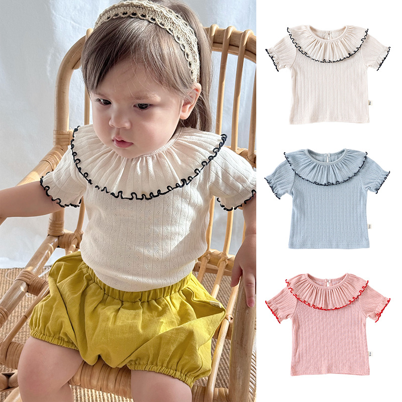 Girls' Lace Short-Sleeved T-Shirt Summer Wear 2026 New Style Baby Girl Lace Collar Top Baby Clothes