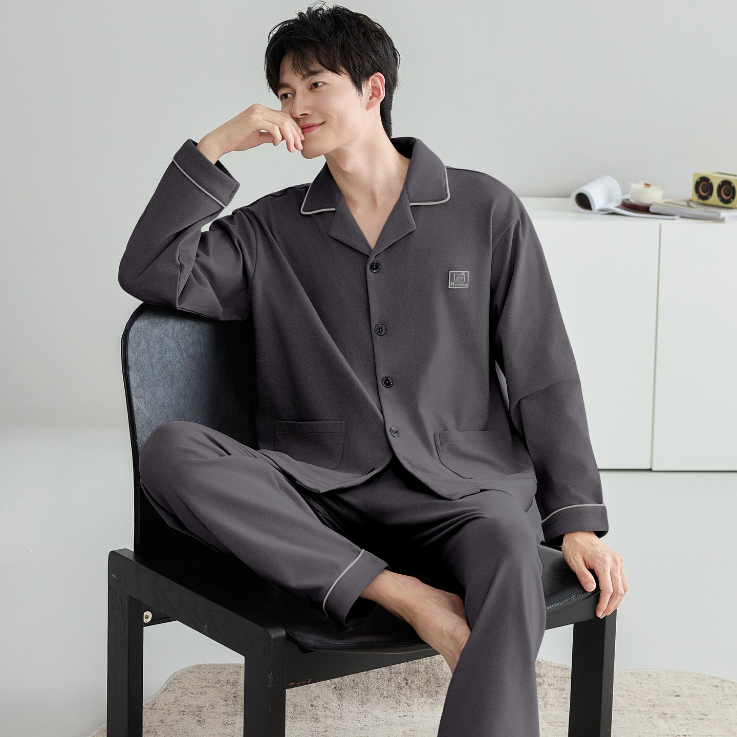 Derong Pajamas Men's Autumn and Winter Thickened Brushed Long-Sleeved Cardigan Lapel Men's Large Size Warm Home Clothing Set