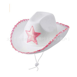Pink Sequined Rim Five-Pointed Star All-White Non-Woven Clothing Felt Adult and Kidsren's Cowboy Hat Style Rope Buckle
