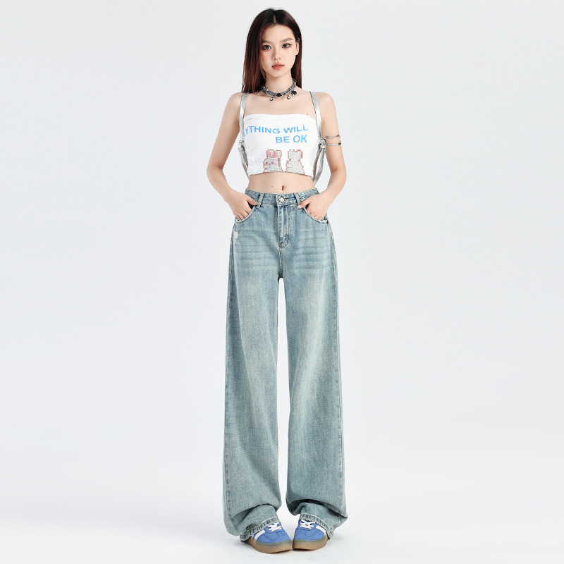 Light Blue Jeans Women's 2025 Spring and Autumn Ripped American High Waist Slim Straight-Leg Pants for Small People to Show Long Legs