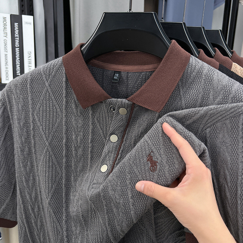 夏の新型ファッション襟付き男性ニット半袖poloシャツゆるいカジュアルジャカードtシャツ中年半袖上着|undefined