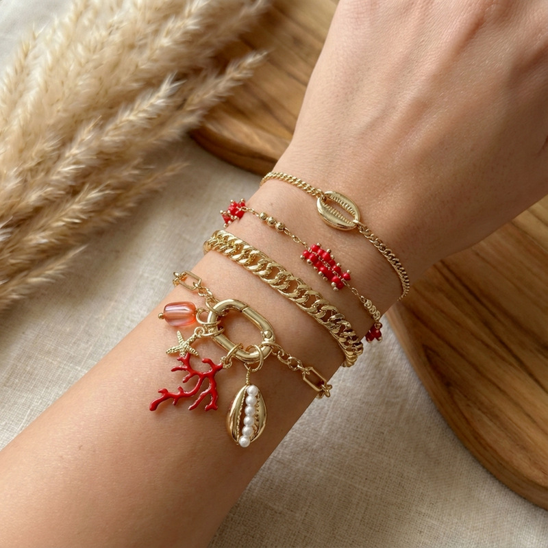 Cross-Border Starfish Shell Bracelet Set of 4, Seaside Fashion Vacation Style Red Coral Jewelry Set Wholesale Cross-Border Starfish Shell Bracelet Set of 4, Seaside Fashion Vacation Style Red Coral Jewelry Set Wholesale