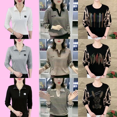 Women's Fashion Universal Long Sleeve T-Shirt with Collar, Large Size Mother, Spring and Autumn Season Polo Shirt