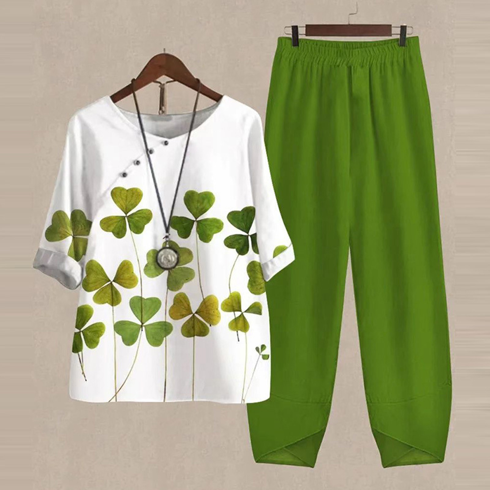 Daily Occasion Round Neck Neckline Comfort Function Loose Version Printing Pattern Daily Women's Casual Printing Spandex Bamboo Hemp Printing Pant Co-ord Set Pants Sets