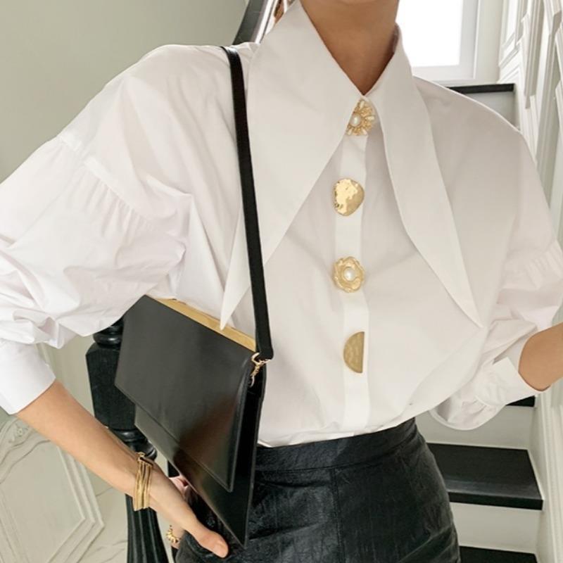 Pointed Collar Blouse for Women White Shirt with Abstract Print Office-to-Date A-Line Top Single Button Closure XS-3XL_voghion.com