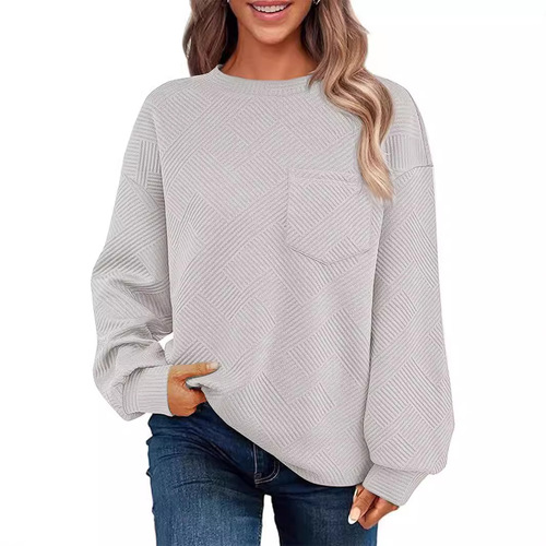 2025 Women's Knit Embroidered Long-Sleeve Round Neck Pocket Sport Top Casual Loose Hoodie Sweatshirt