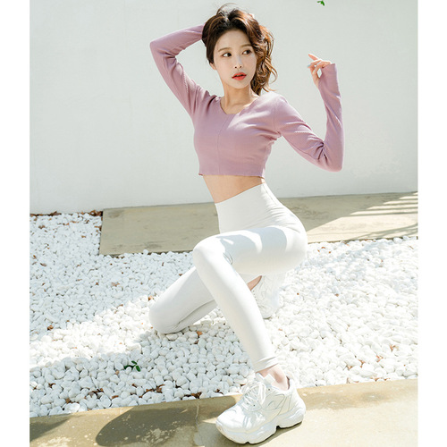  Spring New V-Neck Ribbed Long-Sleeve Yoga Top for Women Korean Style Short Dress High-Waist Slimming Fitness Clothing
