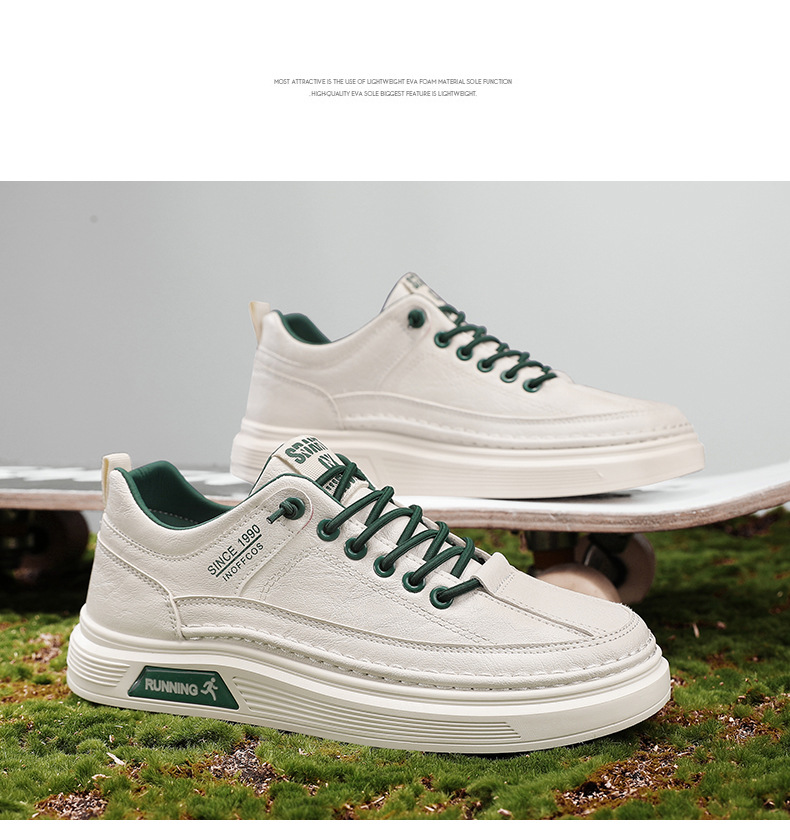 Vyriški bateliai „Board“, balti, skirti studentams, 2024 m. rudens nauji žemi plokščiapadžiai vyriški batai, odiniai sportiniai ir laisvalaikio madingi batai._voghion.com