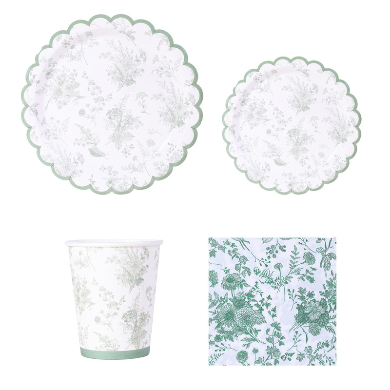 Forest-Style Retro Green Floral Tableware Set with Wavy Edge Paper Plates, Paper Cups, Napkins, Disposable Glossy Food-Grade Dinner Plates