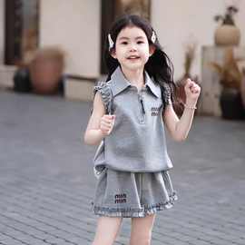 女童宝宝韩版运动套装中大童夏季新款洋气翻领无袖休闲短裤两件套