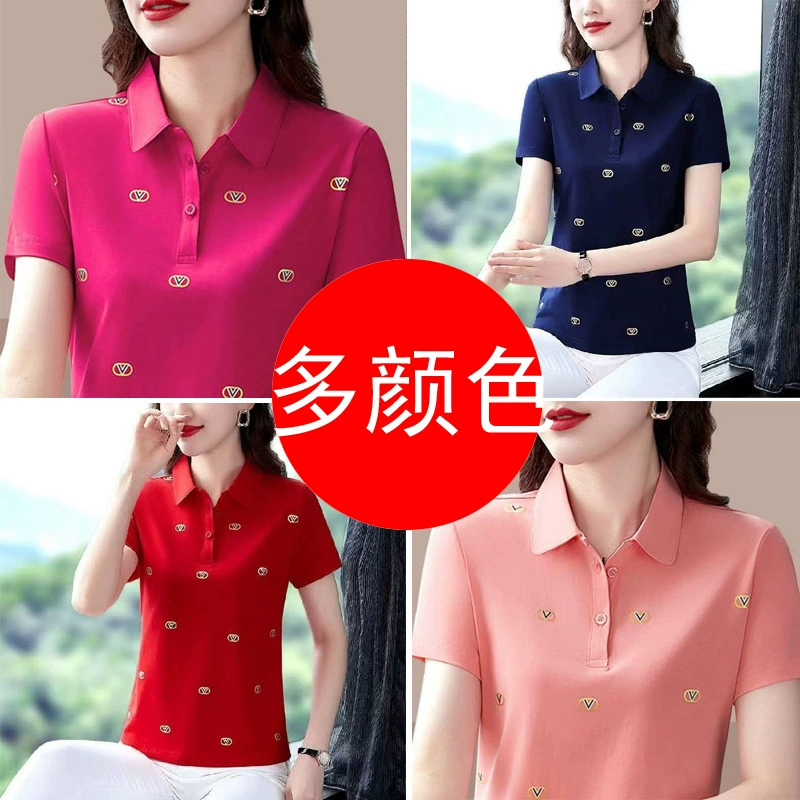 Трансграничная независимая футболка с принтом для женщин новый средний и пожилой мамы с тонкими рукавами с короткими рукавами T иностранная рубашка поло с отворотом