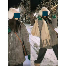 清新黑白小格子棉服女冬季小个子中长款加厚保暖复古夹棉女外套