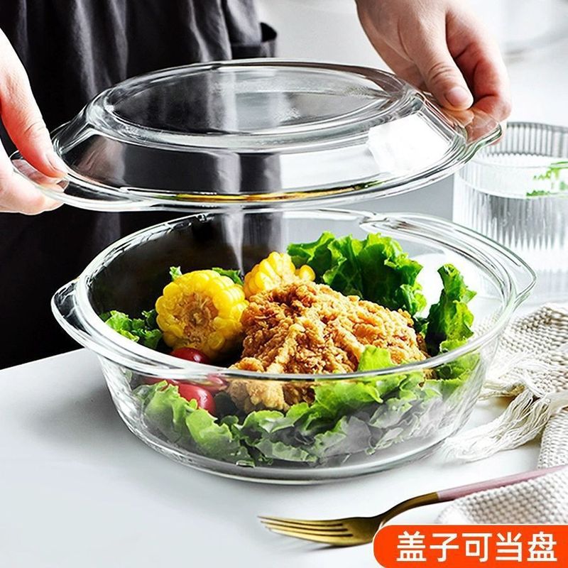 Transparent High Borosilicate Glass with Lid, Hot Water-Resistant Crystal Pot, Microwave Oven Glass Bowl, Baked Rice Plate, Barbecue Plate, Soup Pot