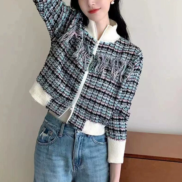 2023 корейский стиль рубашка с бахромой на молнии вязаный свитер с круглым вырезом и длинным рукавом Клетчатый Стиль Шанель Ретро вязаный кардиган для женщин