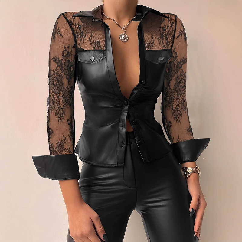 Europe and the United States cross-border explosions fashion lace stitching design PU leather shirt long sleeve solid color sexy coat top women's clothing