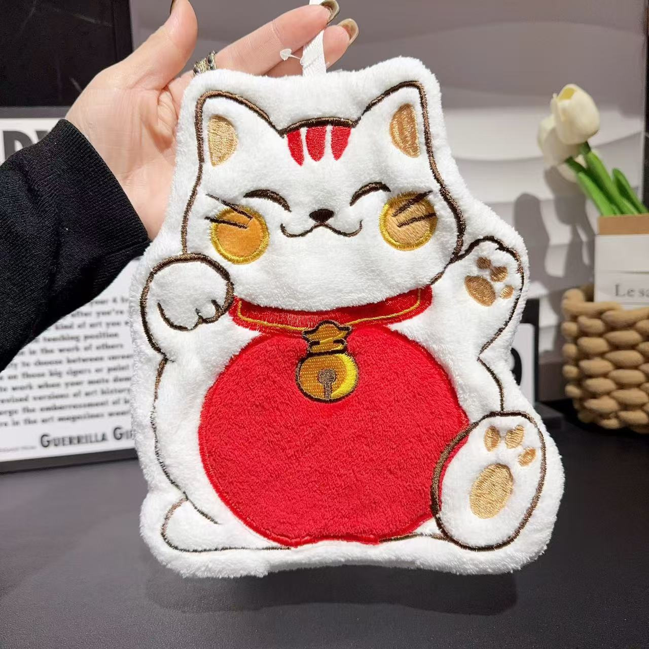 루시드 고양이 벽걸이 편리한 핸드 타월 귀여운 어린이 화장실 및 주방 이중 사용 만화 타월