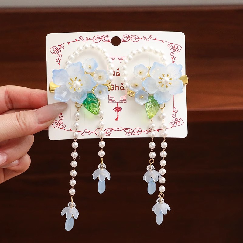Horquilla de los niños estilo antiguo hanfu tocado lindo perla flor borla clip bebé cinta accesorios para el cabello