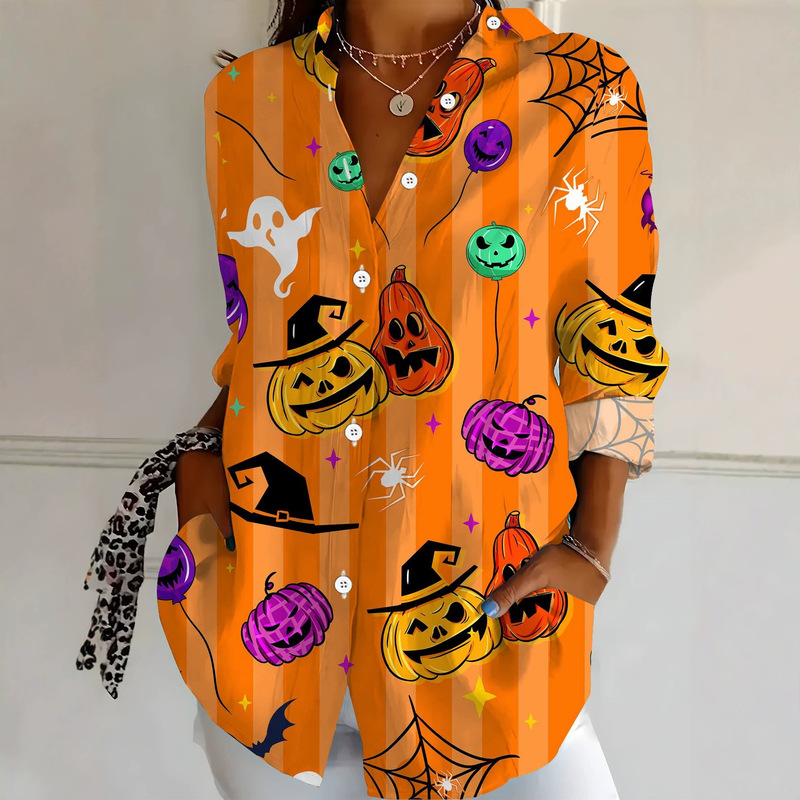Cross-border European and American holiday women's clothing: Pumpkin spider web print, turn-down collar, loose-fitting, versatile long-sleeve shirt from the source factory Cross-border European and American holiday women's clothing: Pumpkin spider web print, turn-down collar, loose-fitting, versatile long-sleeve shirt from the source factory
