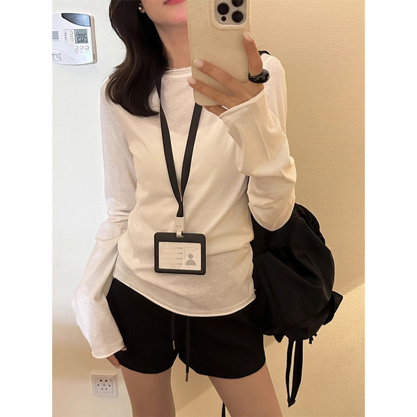 Spring summer fitted thin base long-sleeve with a round collar