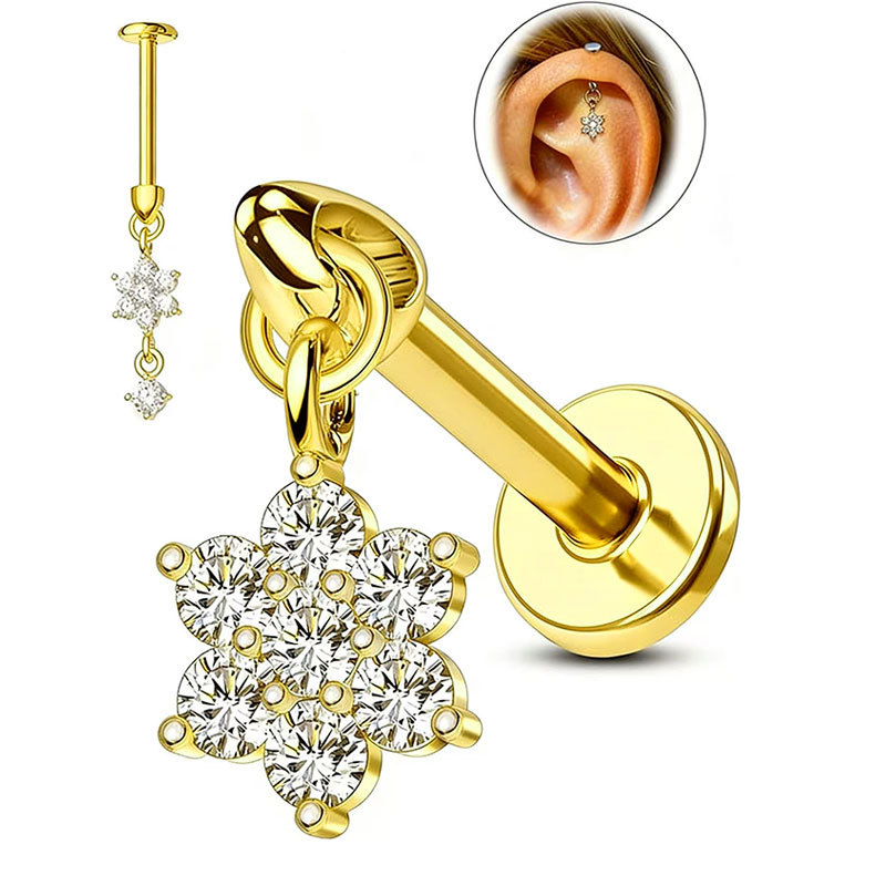 Custom Flower-Shaped Water Drop Zircon Earrings Ear Bone Studs 16g Stainless Steel Piercing Jewelry detail image 10