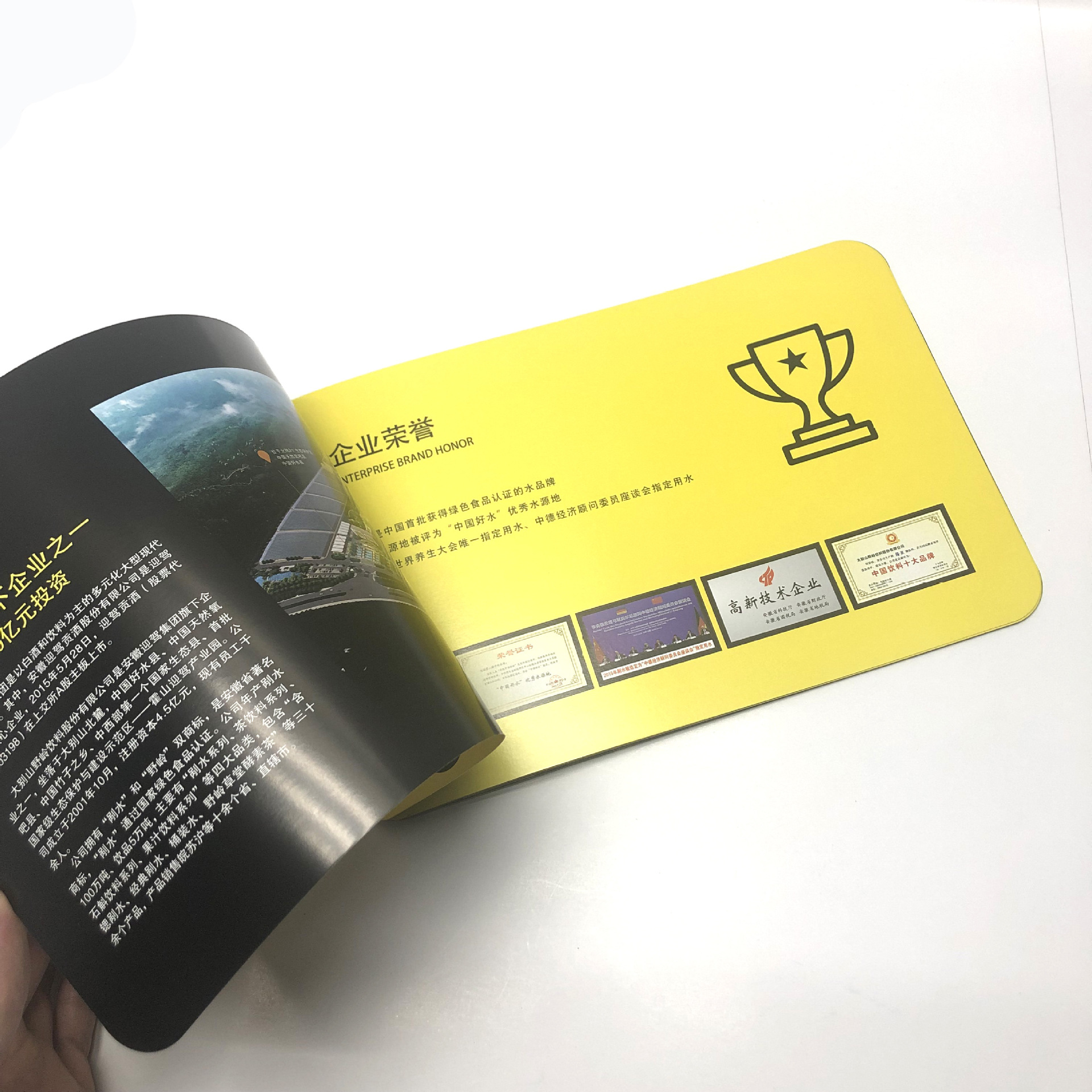 迎驾贡酒集团纤果巴士饮料圆形骑马钉彩色铜板纸画册打孔