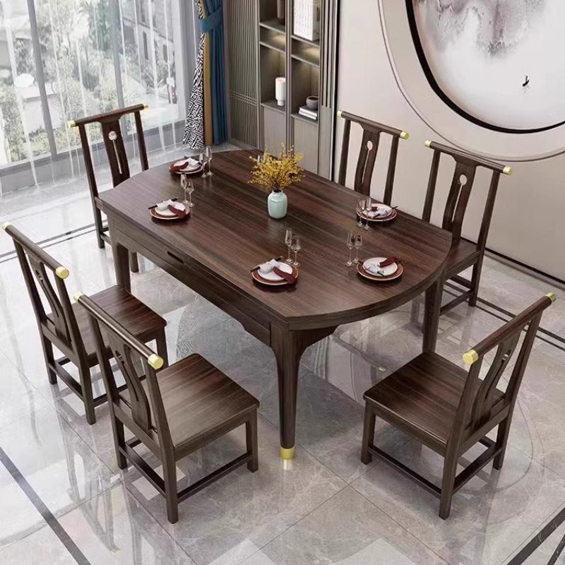 Chinese-style black sandalwood solid dining table and chairs for home use, square-round two-in-one extendable table, small apartment foldable quartz round dining table
