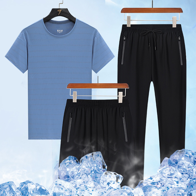 Trajes deportivos de verano transfronterizos de seda de hielo para hombres, camisetas de manga corta, pantalones cortos de tres piezas casuales para hombres