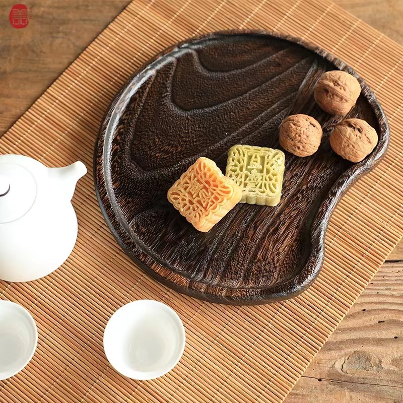 bandeja de madera sólida japonesa de tung, bandeja de té, bandeja de fruta de forma de media luna, bandeja de madera, bandeja de refrigerio, bandeja de pastel de nueces