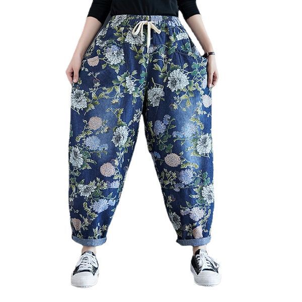 Spring 2025 Vintage Printed Casual Slim-fit Loose Loose Loose Waist Lace-up chubby girl Washed Jeans Harlan Pants for Women