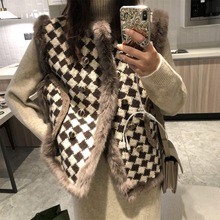 水貂毛小香风千鸟格马甲女秋冬2022新款加绒保暖百搭宽松毛领外套