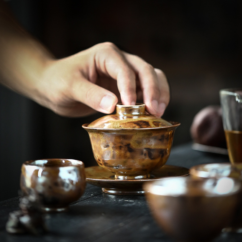 柴烧流光开片可养三才盖碗套装景德镇窑变冰裂釉茶具纯手工主人杯|undefined
