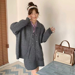 秋冬新款松弛感穿搭休闲毛衣套装女宽松慵懒风针织开衫短裙三件套