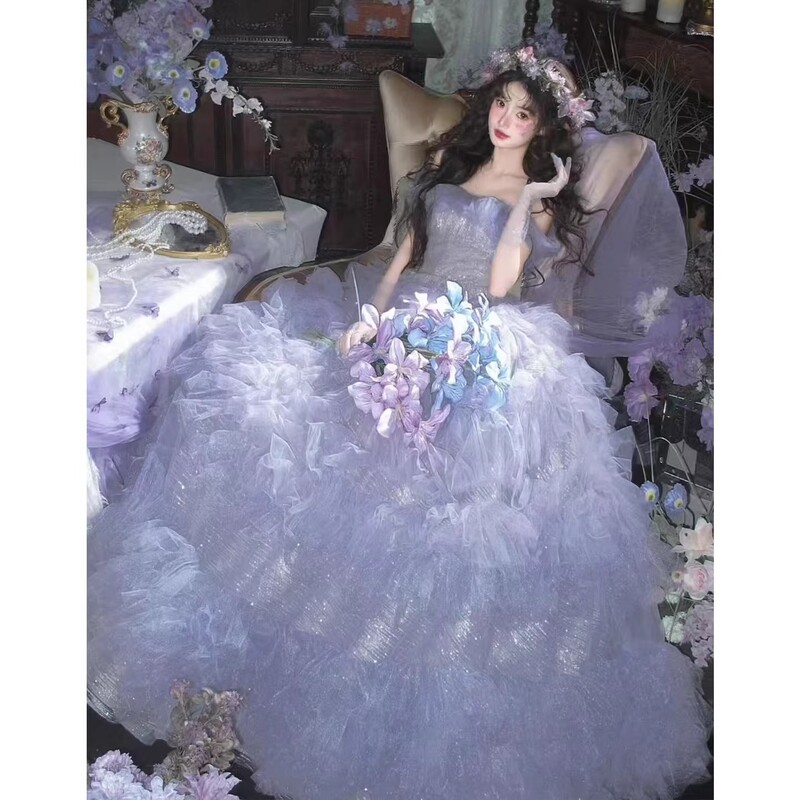 Purple Wedding Dress Bride Wedding Photo Studio Theme Colorful Tulle Princess Puffy Dress Forest Style Super Fairy Birthday Adult Dress for Women