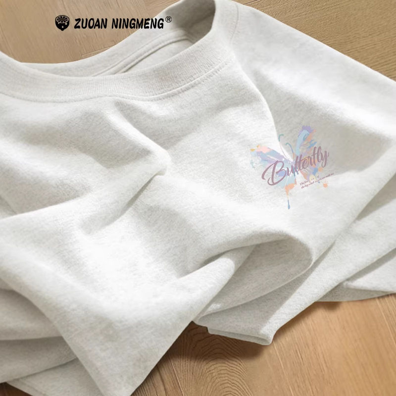 White and Gray Pure Cotton Short-Sleeved Women's T-Shirt 2026 New Popular Summer Butterfly Print Top Loose Half-Sleeved T-Shirt White and Gray Pure Cotton Short-Sleeved Women's T-Shirt 2026 New Popular Summer Butterfly Print Top Loose Half-Sleeved T-Shirt