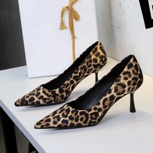 9537 European and American pointed high heels, women's leopard print sexy slim heels, banquet commuting daily shallow mouth suede temperament single shoes