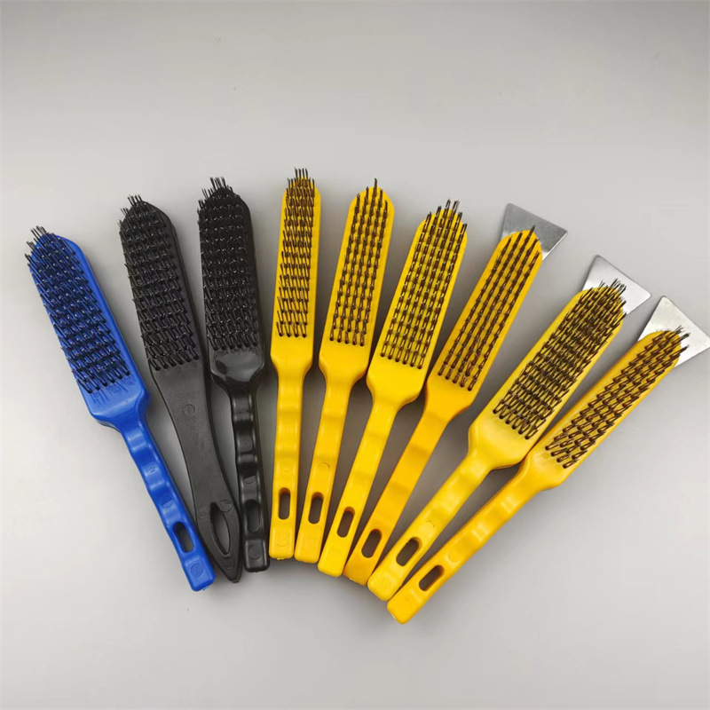 Cepillo de alambre de acero cobreado para limpieza, cepillo de alambre de cobre, cepillo de alambre de acero inoxidable, cepillo de alambre de mango largo para eliminar óxido con raspador, eliminación eficiente de óxido