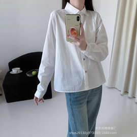 秋款纯棉翻领长袖白衬衫女甜美日系宽松休闲百搭彩扣上衣9698