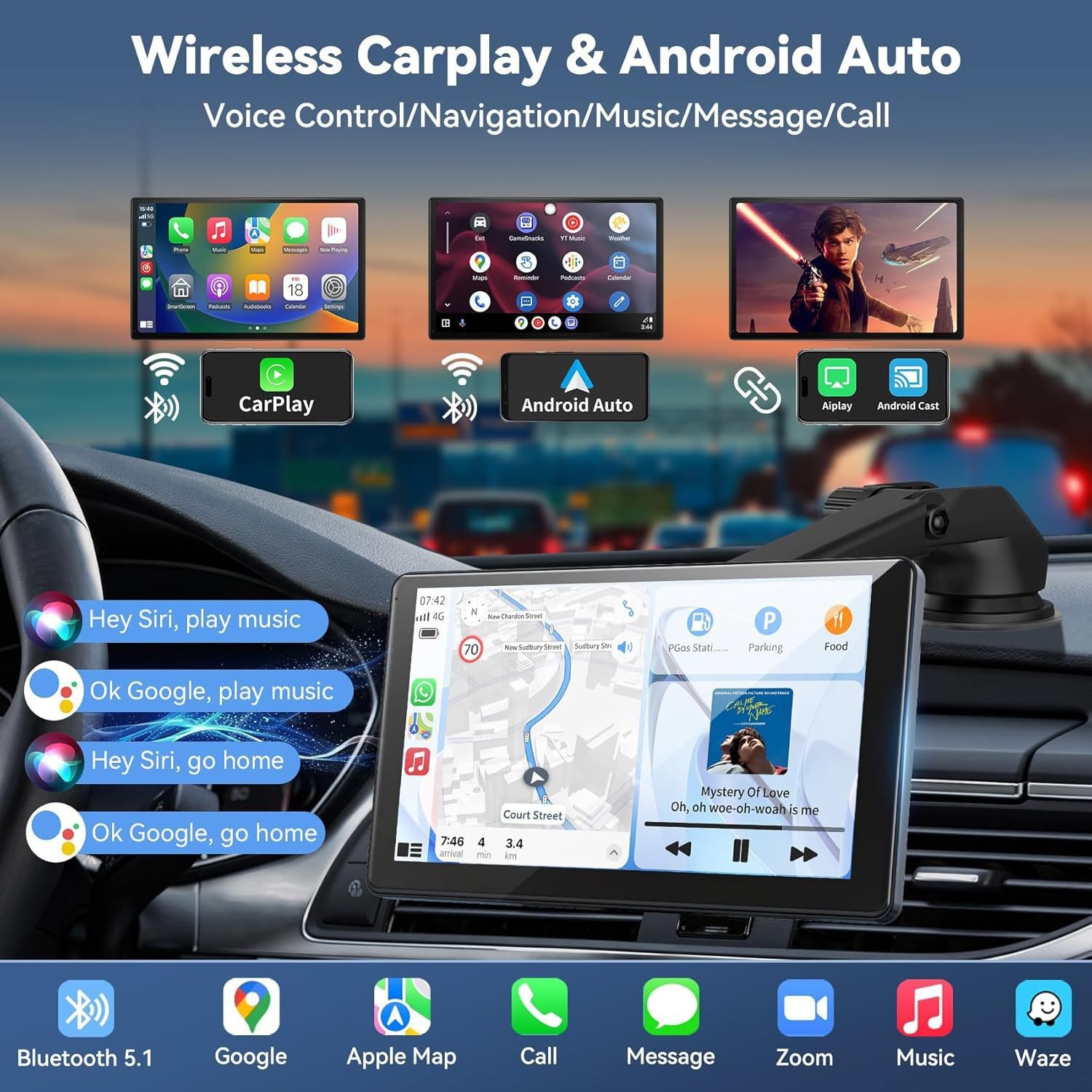 9inch Portable Carplay Recorder Wireless Android Auto Smart Screen Car Navigation MP5 Player