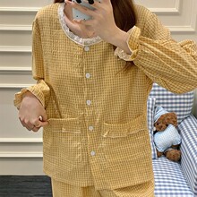 自带胸垫开衫睡衣女云朵棉蕾丝边圆领长袖长裤秋季薄款条纹家居服