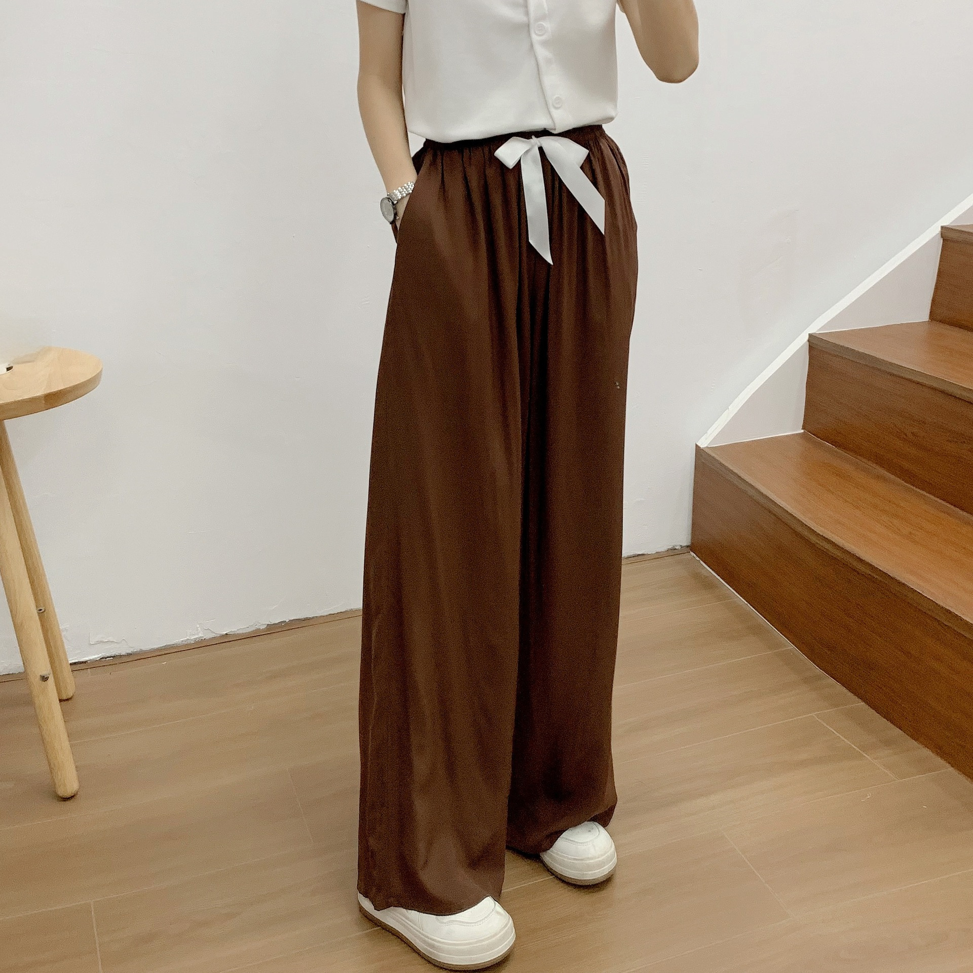 Pyjamahose aus Baumwolle und Seide für den Sommer, neue einfarbige, hohe Taille, Bonbonhose mit weitem Bein, dünne Außentasche_voghion.com
